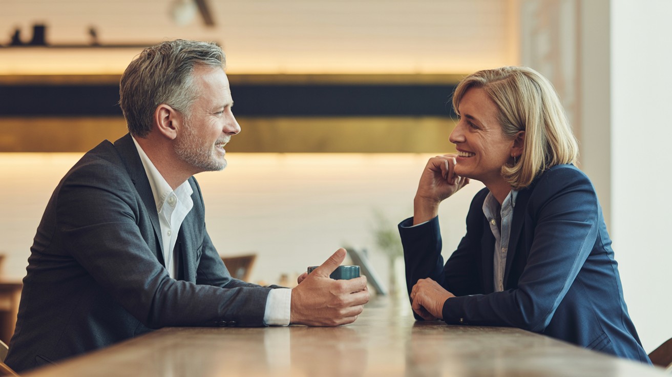Two professionals having a warm one-on-one advisory conversation